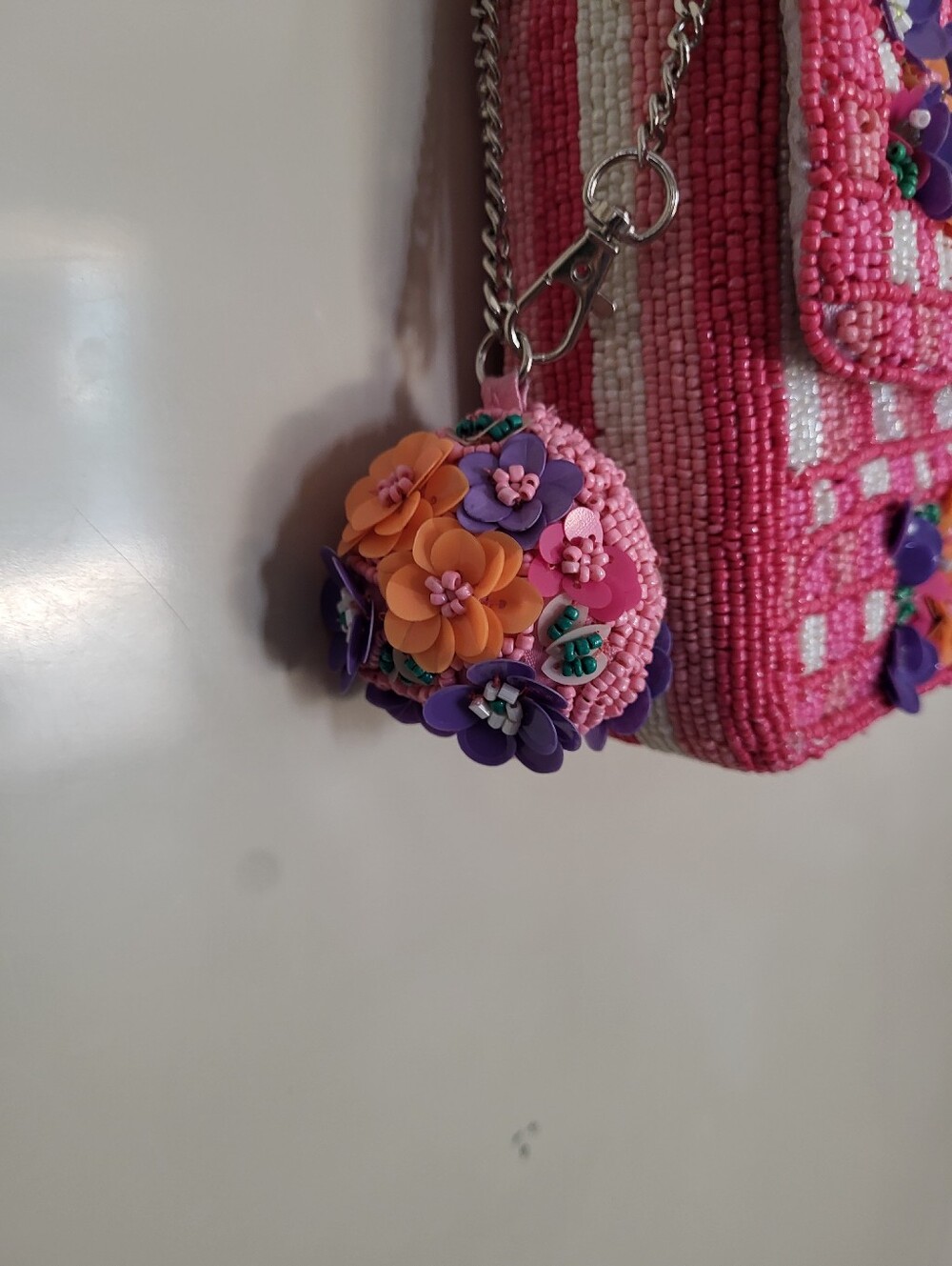 Handmade In India Pink Floral Beaded Bag With Beaded Charm - Picture 2 of 9